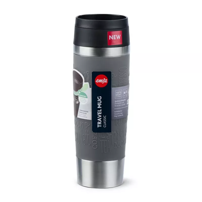 EMSA N2022300 Travel Mug Classic Grande termosmuki, 500 ml, ruostumaton teräs/PP/silikoni, Quick Press -kansi, harmaa
