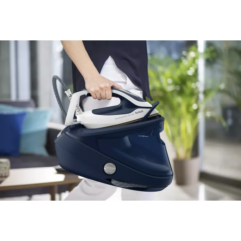 Tefal Pro Express Ultimate II GV9720 höyrygeneraattoriprauta, 3000 W, 1,2 l, Durilium Airglide Autoclean Ultra Thin -pohja, sininen/valkoinen