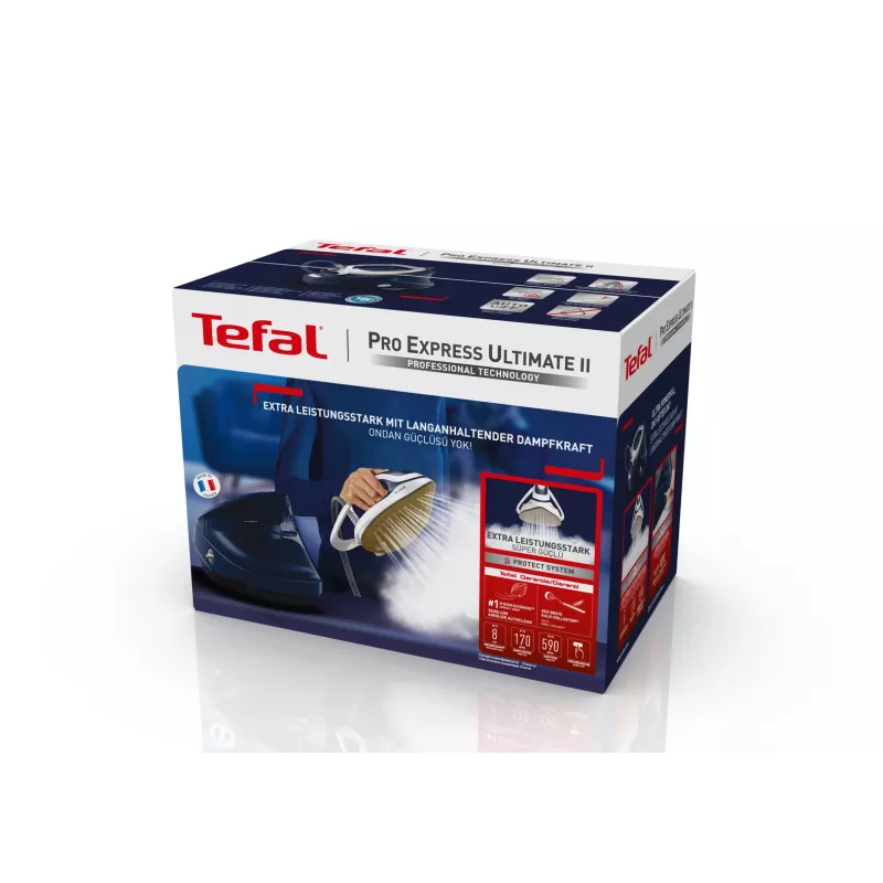 Tefal Pro Express Ultimate II GV9720 höyrygeneraattoriprauta, 3000 W, 1,2 l, Durilium Airglide Autoclean Ultra Thin -pohja, sininen/valkoinen