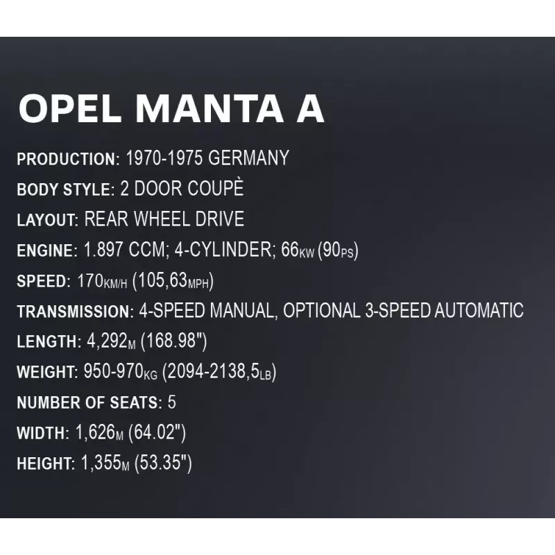 Rakennuslelu Cobi Opel Manta A 1970 malli mittakaavassa 1:12, rakennussarja