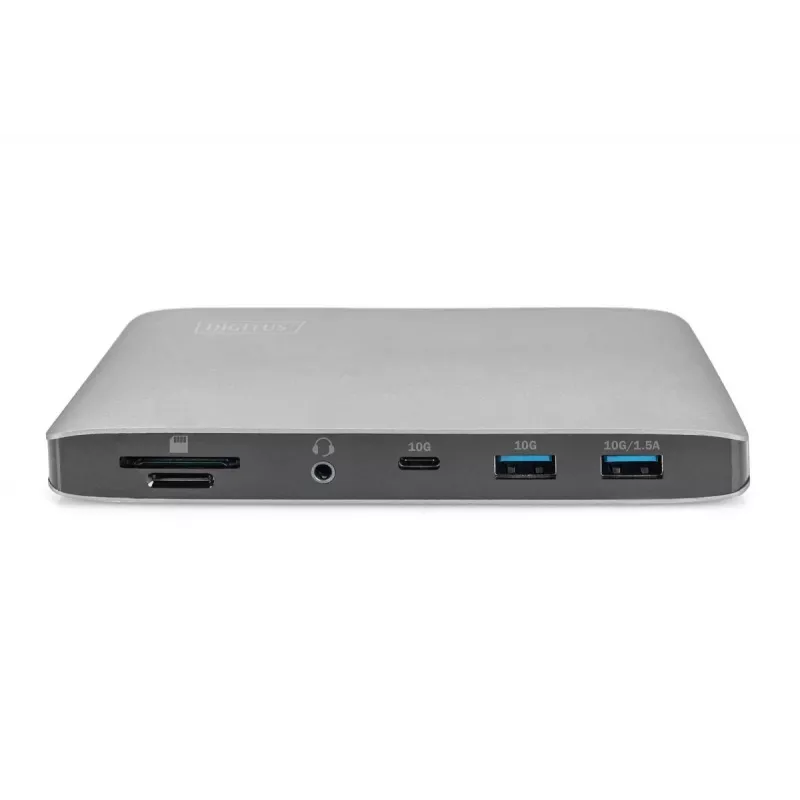 DIGITUS telakointiasema USB-C – 2x USB Type-C / 2x USB 3.0 10 Gbit/s / USB 3.0 5 Gbit/s / 2x DP / GbE / Micro-SD / SD / 3,5 mm – 60 W USB Power Delivery