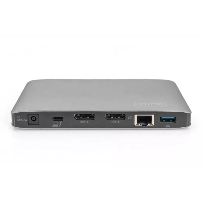 DIGITUS telakointiasema USB-C – 2x USB Type-C / 2x USB 3.0 10 Gbit/s / USB 3.0 5 Gbit/s / 2x DP / GbE / Micro-SD / SD / 3,5 mm – 60 W USB Power Delivery