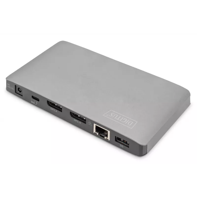 DIGITUS telakointiasema USB-C – 2x USB Type-C / 2x USB 3.0 10 Gbit/s / USB 3.0 5 Gbit/s / 2x DP / GbE / Micro-SD / SD / 3,5 mm – 60 W USB Power Delivery