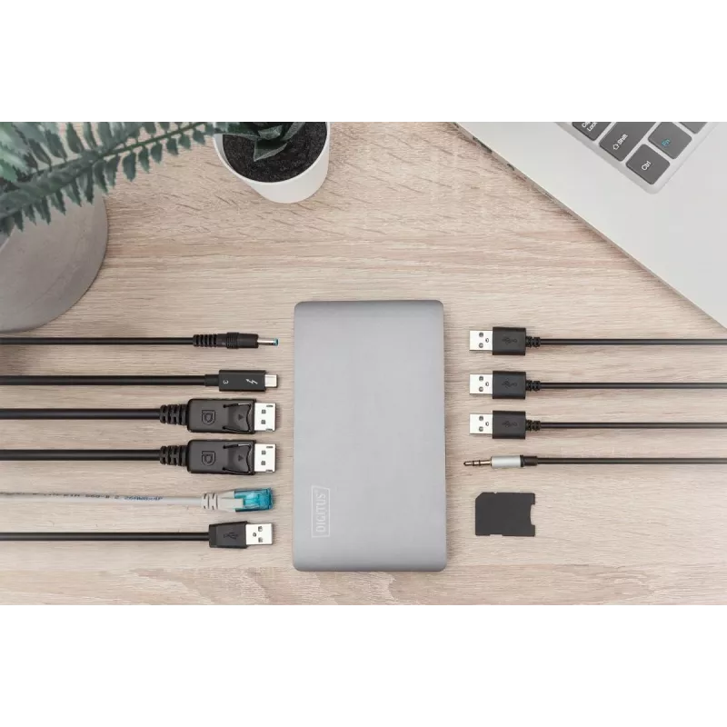 DIGITUS telakointiasema USB-C – 2x USB Type-C / 2x USB 3.0 10 Gbit/s / USB 3.0 5 Gbit/s / 2x DP / GbE / Micro-SD / SD / 3,5 mm – 60 W USB Power Delivery