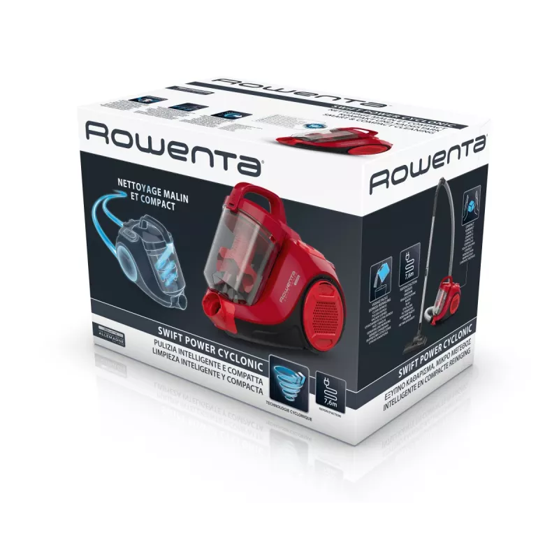Rowenta Swift Power Cyclonic RO2913 pölypussiton lattiapölynimuri, 3-portainen suodatus, punainen