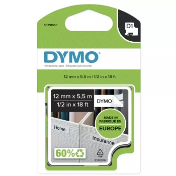 DYMO D1 suurteho-pysyvä polyesteritarrat | 12 mm x 5,5 m rulla | musta tuloste valkoiselle | itseliimautuvat tarrat LabelManager-tarratulostimille | alkuperäinen