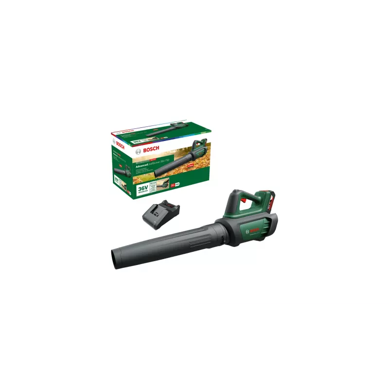 Bosch AdvancedLeafBlower 36V-750 akkukäyttöinen lehtipuhallin, 36 V, 1x 2,0 Ah, laturi, 750 m³/h, 100-200 km/h, harjaton, 3,5 kg, vihreä/musta