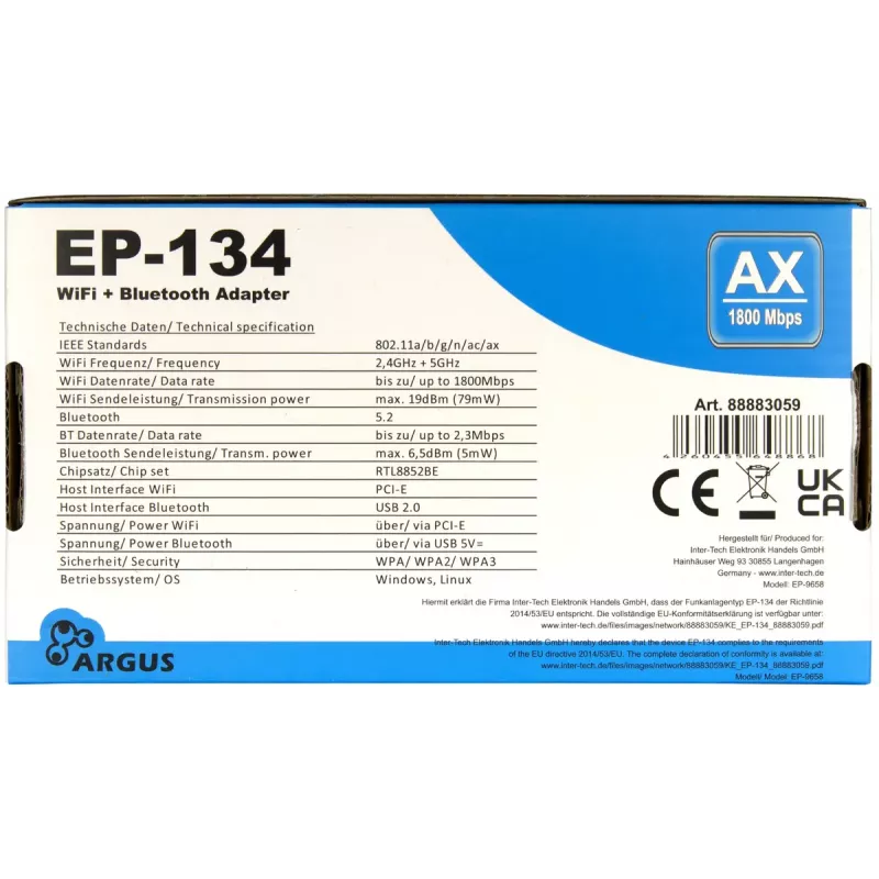 Inter-Tech Argus EP-134 sisäinen WLAN- ja Bluetooth-sovitin, 1800 Mbit/s