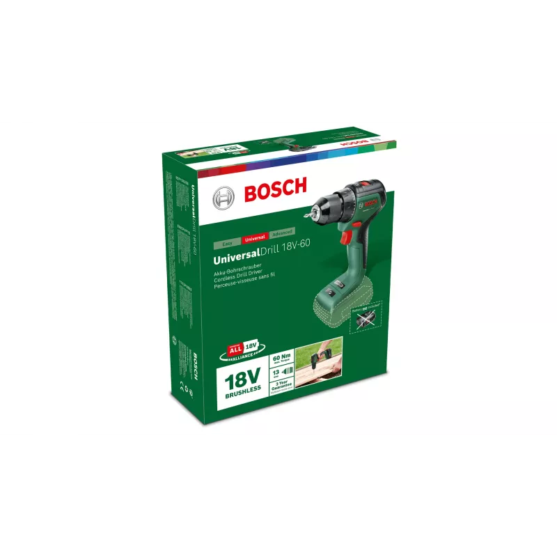 Bosch UniversalDrill 18V-60 akkuporakone, 18 V, 60 Nm, 1900 kierr./min, 2-vaihteinen, ilman akkua, vihreä/musta