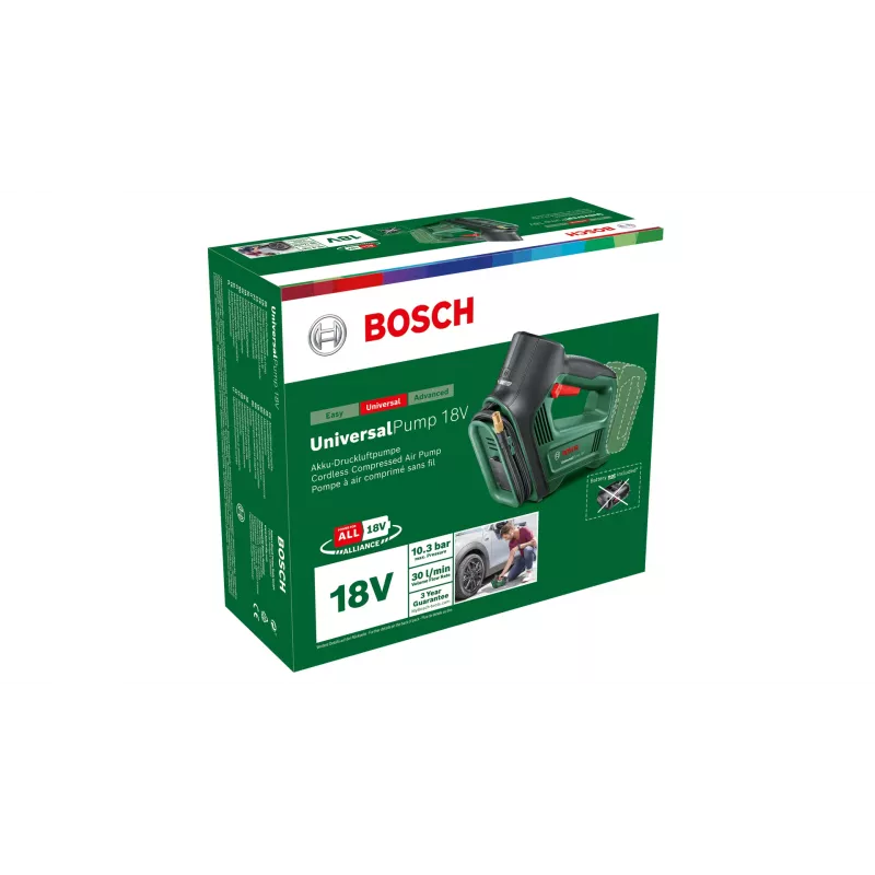 Bosch UniversalPump 18V 0603947100 akkukäyttöinen ilmapumppu, enint. 10 bar, ilman akkua ja laturia, vihreä/musta