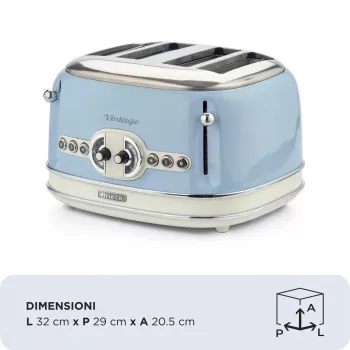 Ariete 156 4 viipaleen vintage-leivänpaahdin, 1600 wattia, 6 paahtoastetta, lakattu ruostumaton teräs pastellinsininen, ilman voileipäkoreja. Sininen