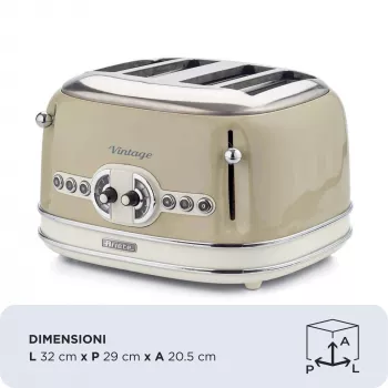 Ariete 156 4 viipaleen vintage-leivänpaahdin, 1600 wattia, 6 paahtoastetta, lakattu ruostumaton teräs pastellinbeige, ilman voileipäpihtejä