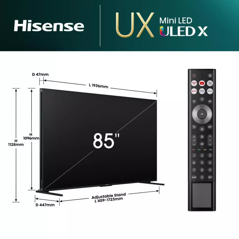 Hisense 85UXNQ 215 cm (85 tuuman) 4K Ultra HD QLED-televisio, 120 Hz, AMD FreeSync, kolmoisvirittimellä, musta