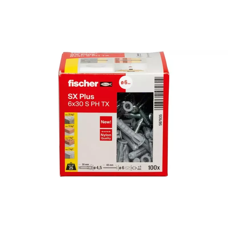 Ruuvi- ja tulppasarja Fischer 567935 100 kpl nailon 6 mm porausreikä
