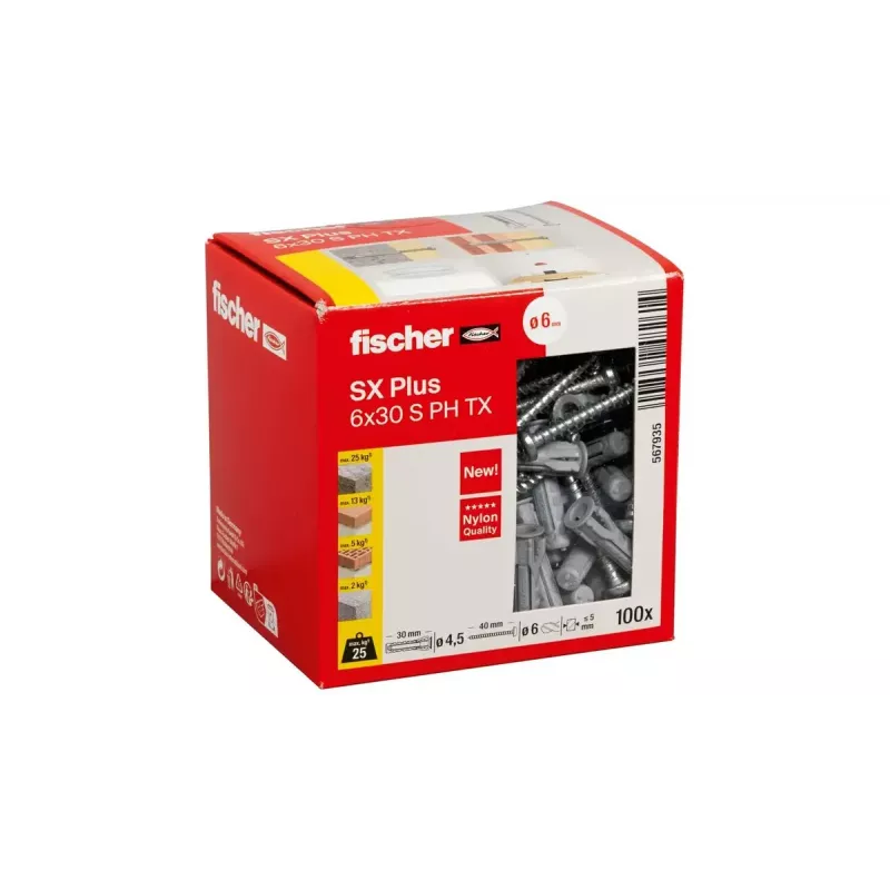 Ruuvi- ja tulppasarja Fischer 567935 100 kpl nailon 6 mm porausreikä