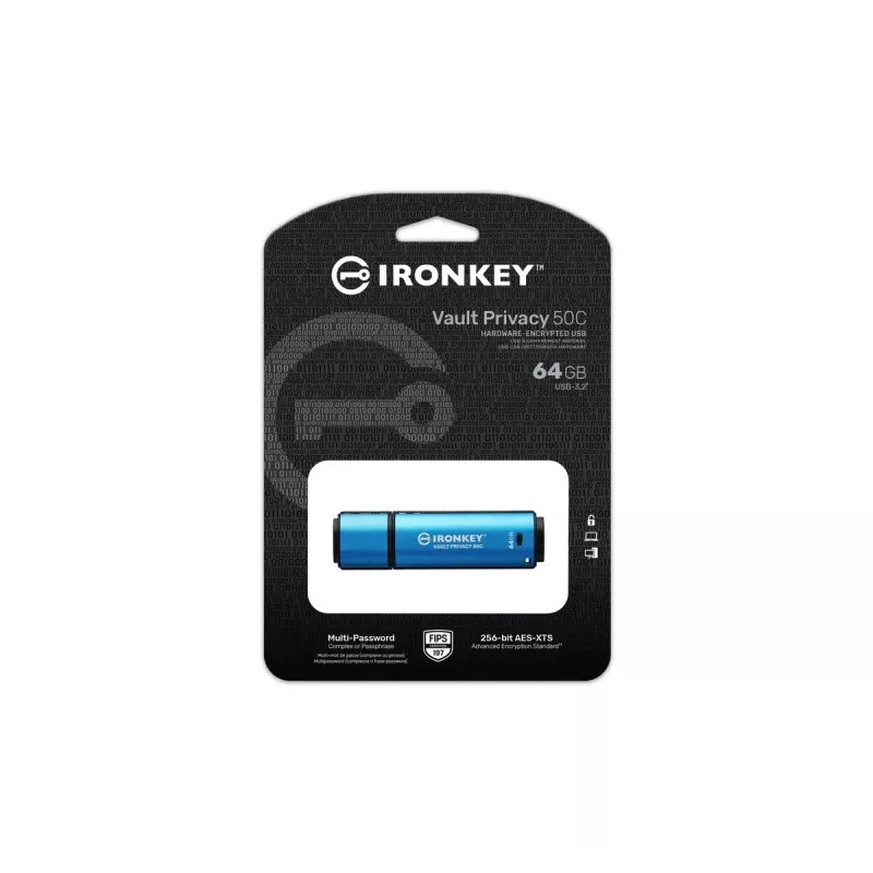 Kingston Technology IronKey 64GB USB-C Vault Privacy 50C AES-256 salattu, FIPS 197