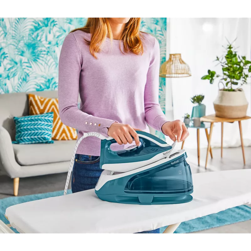 Tefal Express Easy SV6131E0 höyrysilitysasema, 5,8 bar, 120 g/min, 350 g/min höyrysuihku, 1,7 l, automaattinen virrankatkaisu, valkoinen/turkoosi