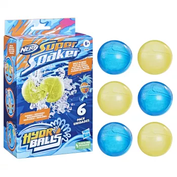Vesipallot HASBRO Nerf Super Soaker Hydro Balls — sisäänrakennettu vesisäiliö, 6 kpl, muovi, sininen/keltainen, ikä 6+