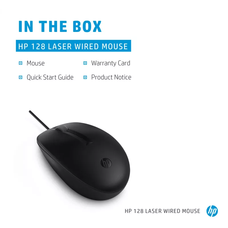 HP 128 laserkaapelihiiri, molempikätinen, laser, USB Type-A, 1200 DPI, musta
