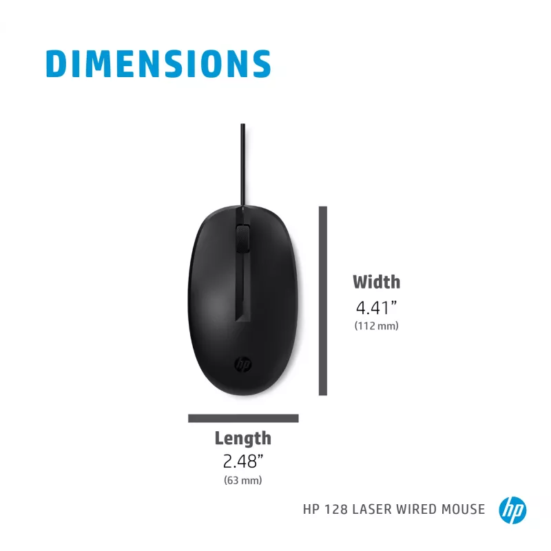 HP 128 laserkaapelihiiri, molempikätinen, laser, USB Type-A, 1200 DPI, musta