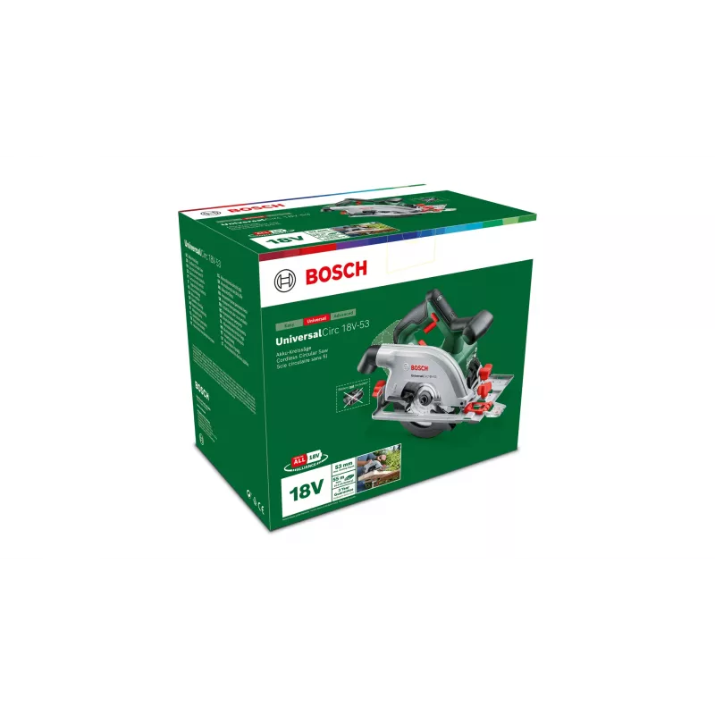 Bosch UniversalCirc 18V-53 akkukäyttöinen pyörösaha, 18 V, 160 mm terä, leikkaussyvyys 53 mm, ilman akkua ja laturia, vihreä/musta