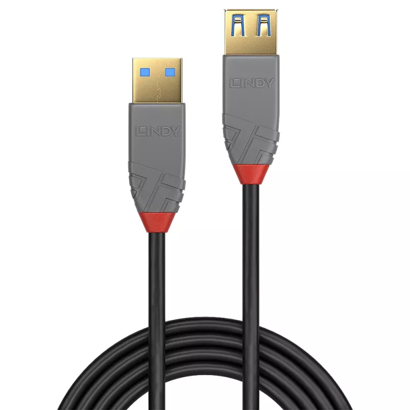 Lindy 36763 Anthra Line USB 3.2 Gen 1 Type A -jatkokaapeli, USB-A-uros – USB-A-naaras, 5 Gbps, 3 m, musta/harmaa