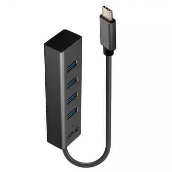Lindy 4 Port USB 3.2 Type-C -keskitin, USB 3.2 Gen 1 (3.1 Gen 1) Type-C, USB 3.2 Gen 1 (3.1 Gen 1) Type-A, 5000 Mbit/s, harmaa, alumiini, muovi, 0,3 m