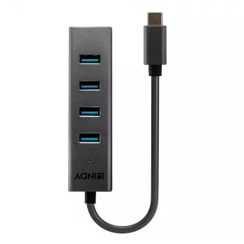 Lindy 4 Port USB 3.2 Type-C -keskitin, USB 3.2 Gen 1 (3.1 Gen 1) Type-C, USB 3.2 Gen 1 (3.1 Gen 1) Type-A, 5000 Mbit/s, harmaa, alumiini, muovi, 0,3 m
