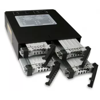 ICY DOCK ToughArmor MB994SP-4SB-1 4-paikkainen 2,5" SATA-backplane sisäiseen 5,25" paikkaan, ilman kelkkoja, alumiini, 40 mm tuuletin, SATA 6 Gbit/s, musta