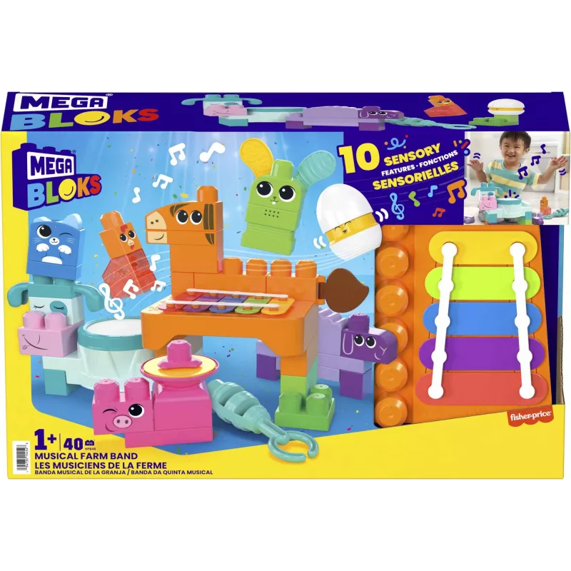 MEGA BLOKS Fisher Price musiikkipuutarhabändi sensorinen rakennuslelu (45 osaa) pienille lapsille