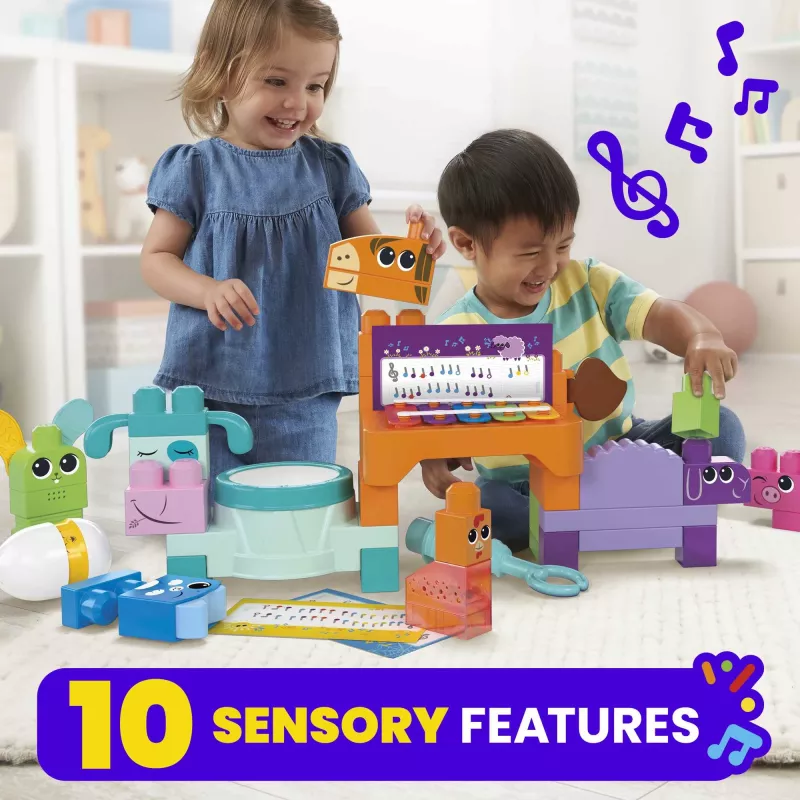 MEGA BLOKS Fisher Price musiikkipuutarhabändi sensorinen rakennuslelu (45 osaa) pienille lapsille