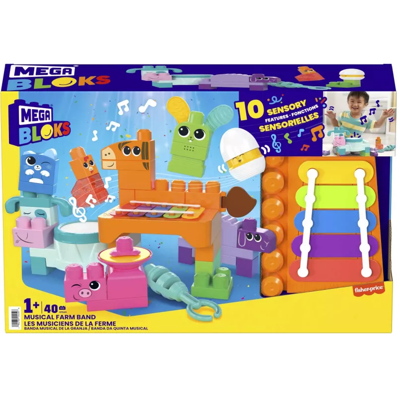 MEGA BLOKS Fisher Price musiikkipuutarhabändi sensorinen rakennuslelu (45 osaa) pienille lapsille