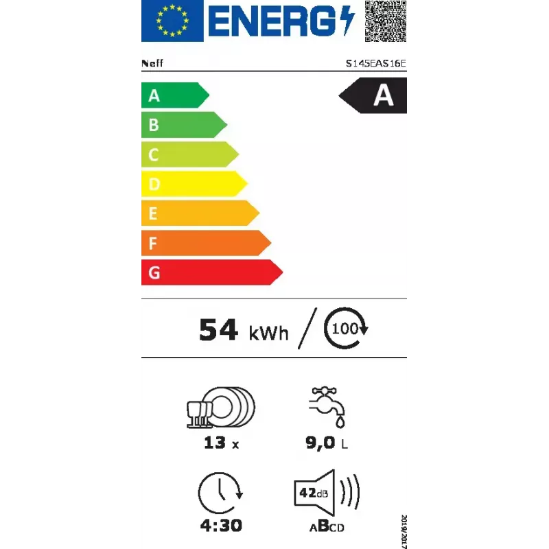 NEFF S145EAS16E, puoli-integroitu, 13 astiastoa, A-energia, 42 dB, Home Connect