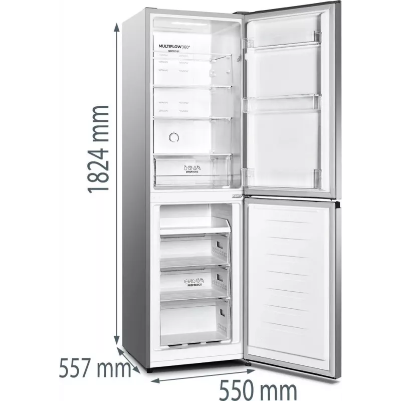 Gorenje NRK418DCS4 vapaasti seisova jääkaappipakastin, 256 l (171 l + 85 l), energialuokka D, 182,4 cm, hopea