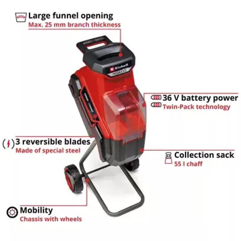 Einhell REDAXXO 36/25 akkukäyttöinen veitsisilppuri puutarhaan, 36 V (2x18 V), oksan enimmäispaksuus 25 mm, ilman akkua ja laturia, punainen/musta