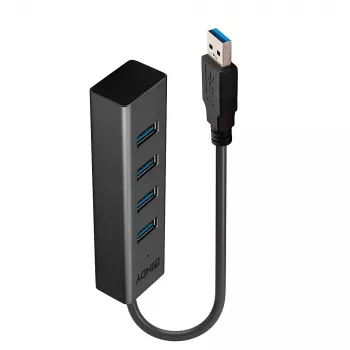Lindy 4 portin USB 3.0 -keskitin, USB 3.2 Gen 1 (3.1 Gen 1) Type-A, USB 3.2 Gen 1 (3.1 Gen 1) Type-A, 5000 Mbit/s, musta, alumiini, muovi, 0,3 m