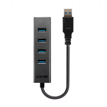 Lindy 4 portin USB 3.0 -keskitin, USB 3.2 Gen 1 (3.1 Gen 1) Type-A, USB 3.2 Gen 1 (3.1 Gen 1) Type-A, 5000 Mbit/s, musta, alumiini, muovi, 0,3 m