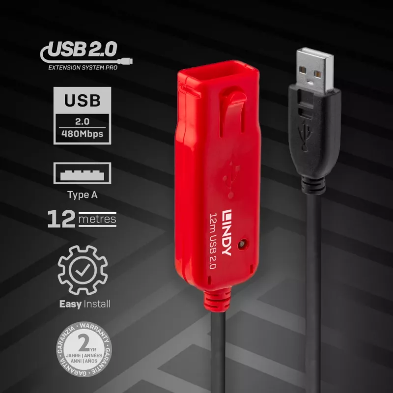Lindy 12m USB 2.0 aktiivinen jatkojohto Pro Hub