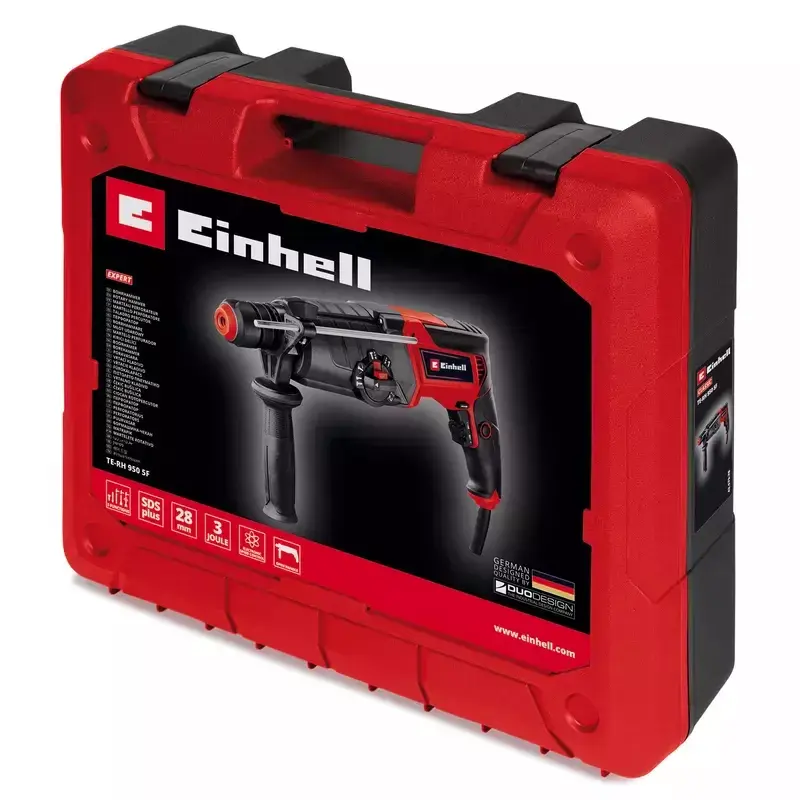 Einhell TE-RH 950 5F poravasara, 950 W, 3 J, SDS-plus, 2600 r/min, kotelolla, musta/punainen