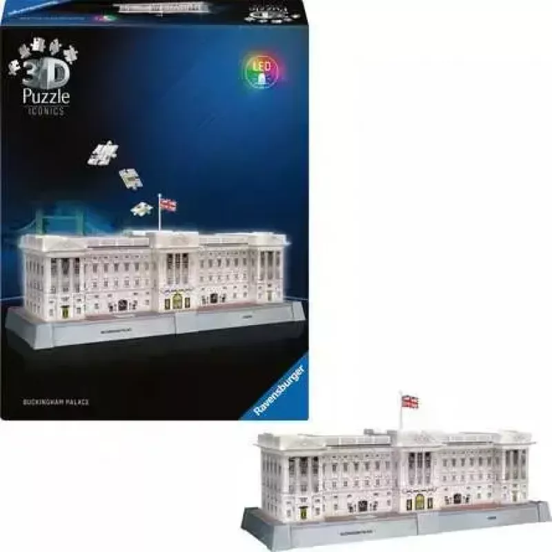 3D-palapeli Ravensburger Iconics Buckingham Palace valolla, 216 palaa
