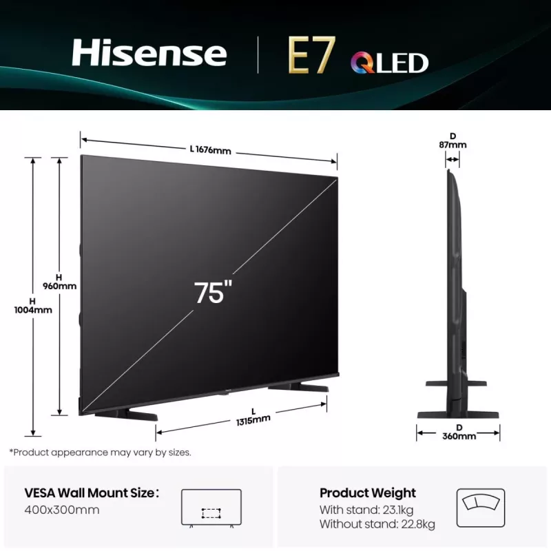 Hisense 75E77Q 190,5 cm (75") QLED 4K Ultra HD älytelevisio, HDR10+, Dolby Vision, VIDAA, Wi-Fi, kolmoisviritin, musta