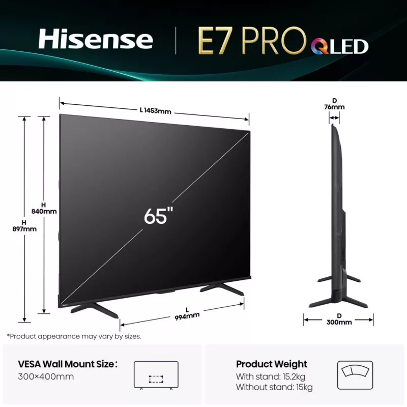 Hisense 65E77Q PRO 165,1 cm (65 inch) 4K Ultra HD Smart TV Wi-Fi musta