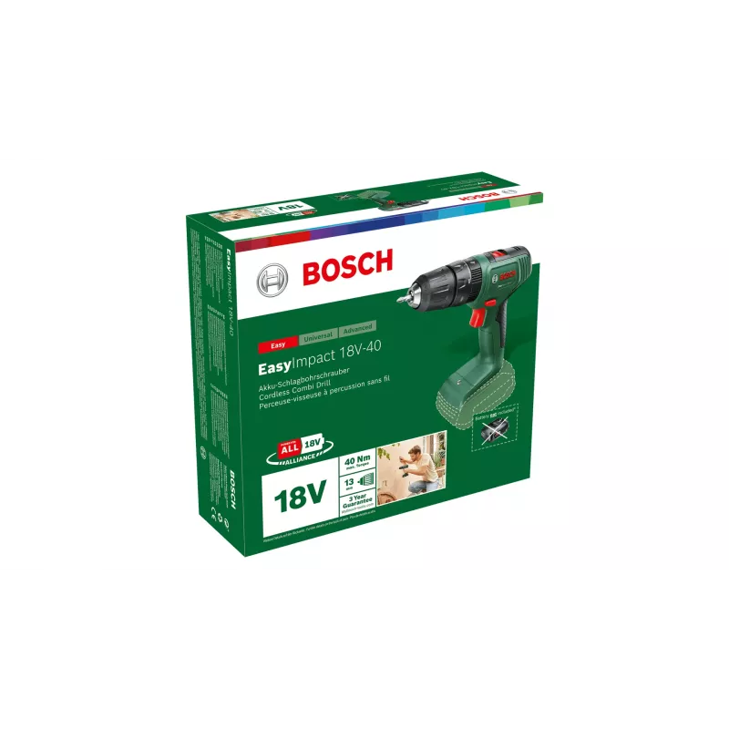 Bosch EasyImpact 18V-40 06039D8100 akkukäyttöinen iskuporakone-ruuvinväännin, 1630 rpm, 24450 iskua/min, pikaistukka, ilman akkua ja laturia, vihreä/musta