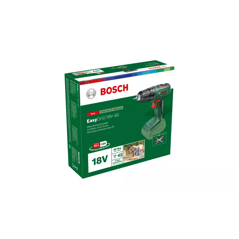 Bosch EasyDrill 18V-40 06039D8000 akkuporaruuvinväännin, 40 Nm, 1630 rpm, 2-nopeuksinen, ilman akkua ja laturia, vihreä/musta