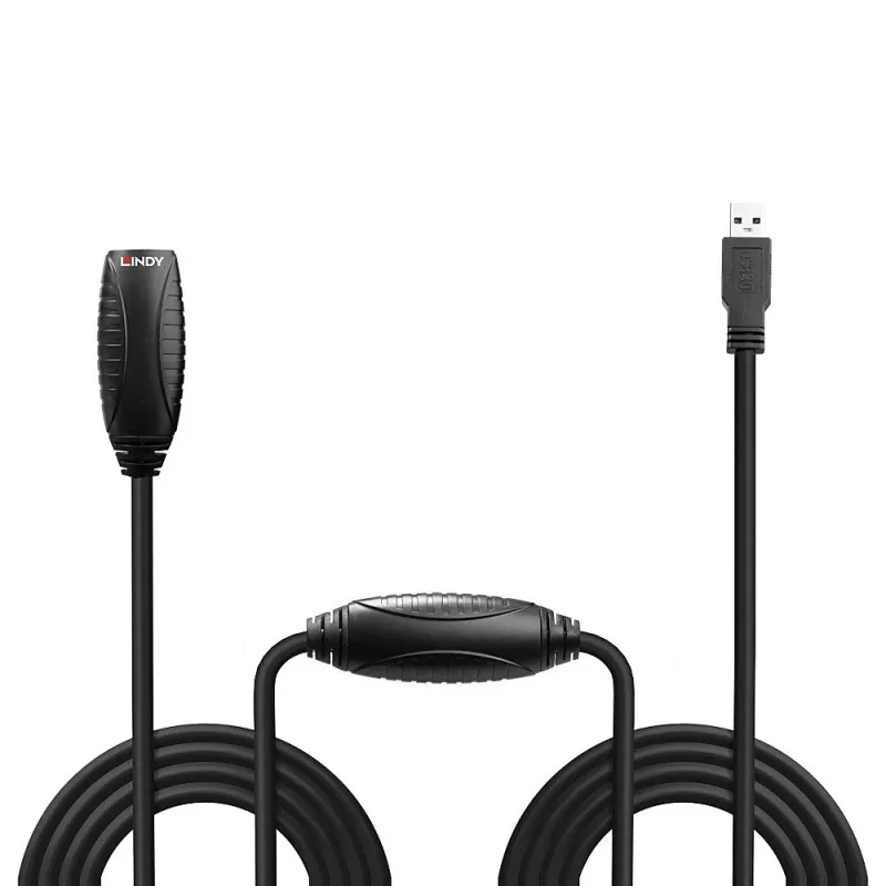 Lindy 43156 aktiivinen USB 3.0 -jatkokaapeli, USB-A-uros USB-A-naaraaseen, 10 m, USB 3.2 Gen 1, 5 Gbit/s, musta