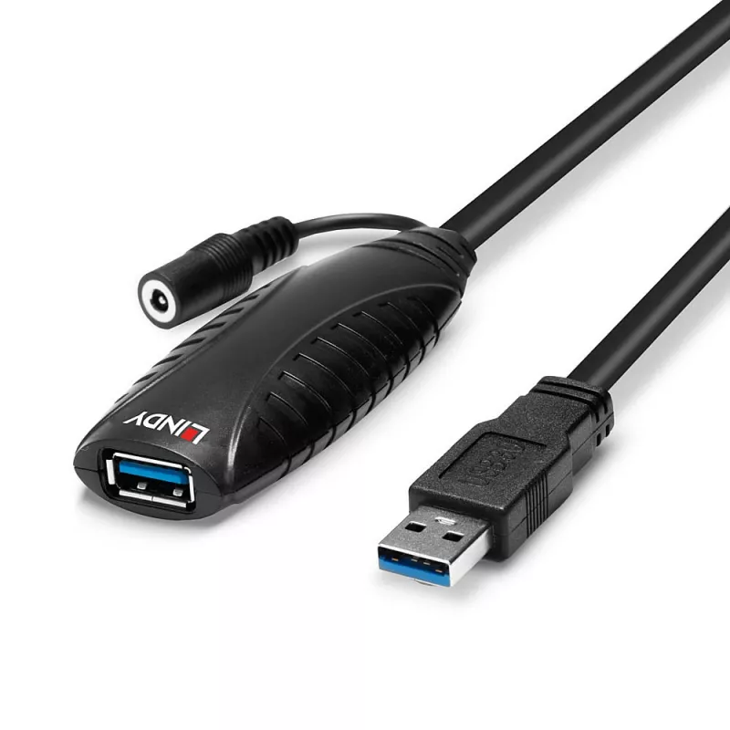 Lindy 43156 aktiivinen USB 3.0 -jatkokaapeli, USB-A-uros USB-A-naaraaseen, 10 m, USB 3.2 Gen 1, 5 Gbit/s, musta