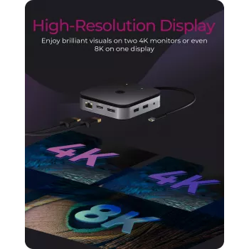 ICY BOX 7-in-1 USB4®-telakka kahdella videolähdöllä, johdollinen, USB4, 60 W, 3,5 mm, 10,100,1000 Mbit/s, antrasiitti