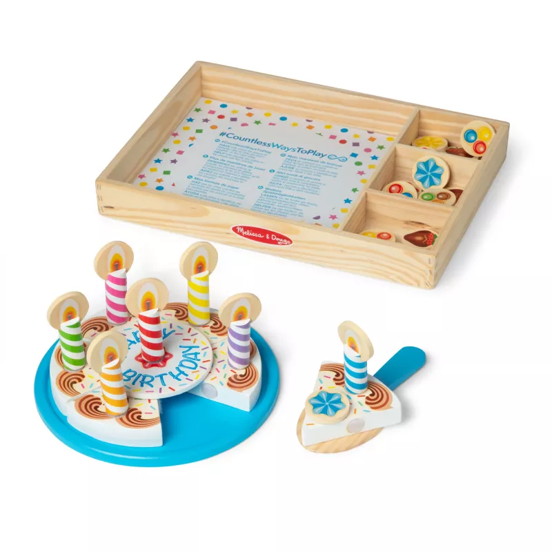 Melissa & Doug syntymäpäiväkakku – puiset leikkiruoat sekoituskoristeilla ja 7 kynttilällä