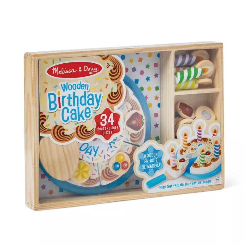 Melissa & Doug syntymäpäiväkakku – puiset leikkiruoat sekoituskoristeilla ja 7 kynttilällä