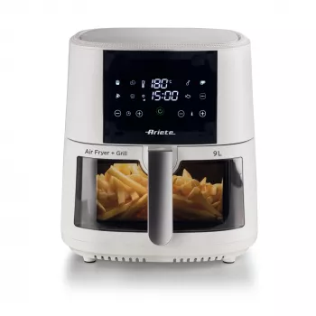 Ariete 4630 kiertoilmakypsennin 9L, 1300W, tilavuus 9L, kypsennyskapasiteetti 2,5kg, 8 esiasetettua ohjelmaa, lämpötila jopa 200°, läpinäkyvä kori kypsymisen seurantaan, valkoinen